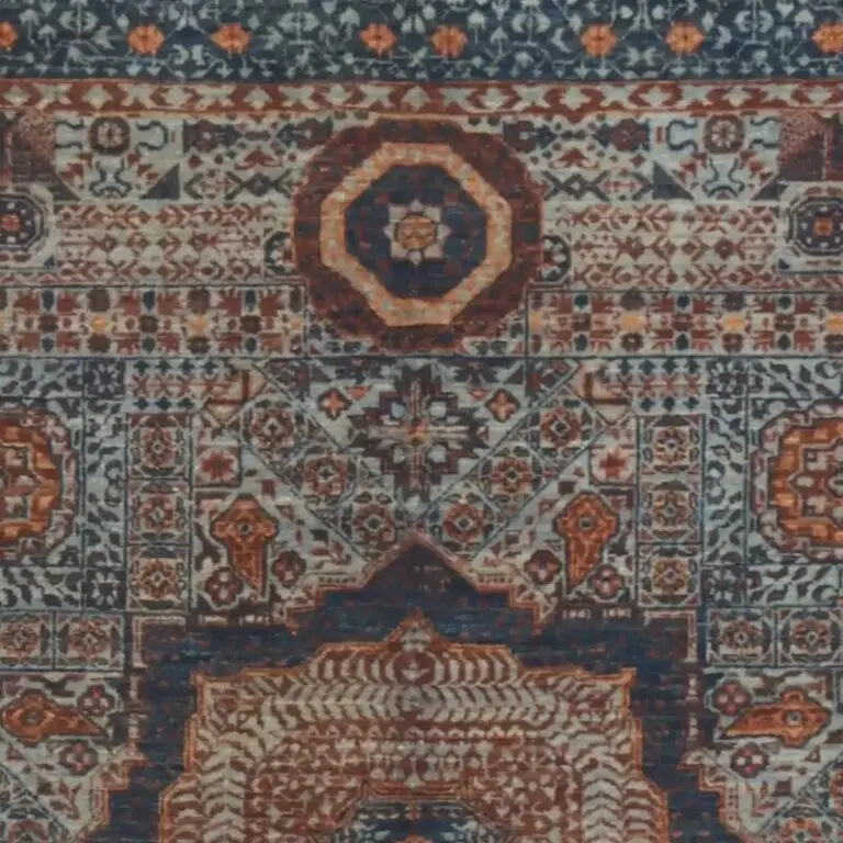 Blue Mamluk Double hand Knotted Rug Fine NZ Wool Veg Dye Afghan (196 x 153)cm, blue mamluk rug, close-up detail 1