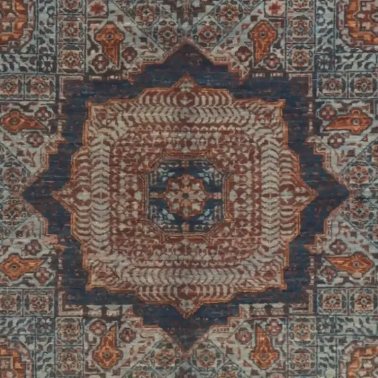Blue Mamluk Double hand Knotted Rug Fine NZ Wool Veg Dye Afghan (196 x 153)cm, blue mamluk rug, close-up detail 2