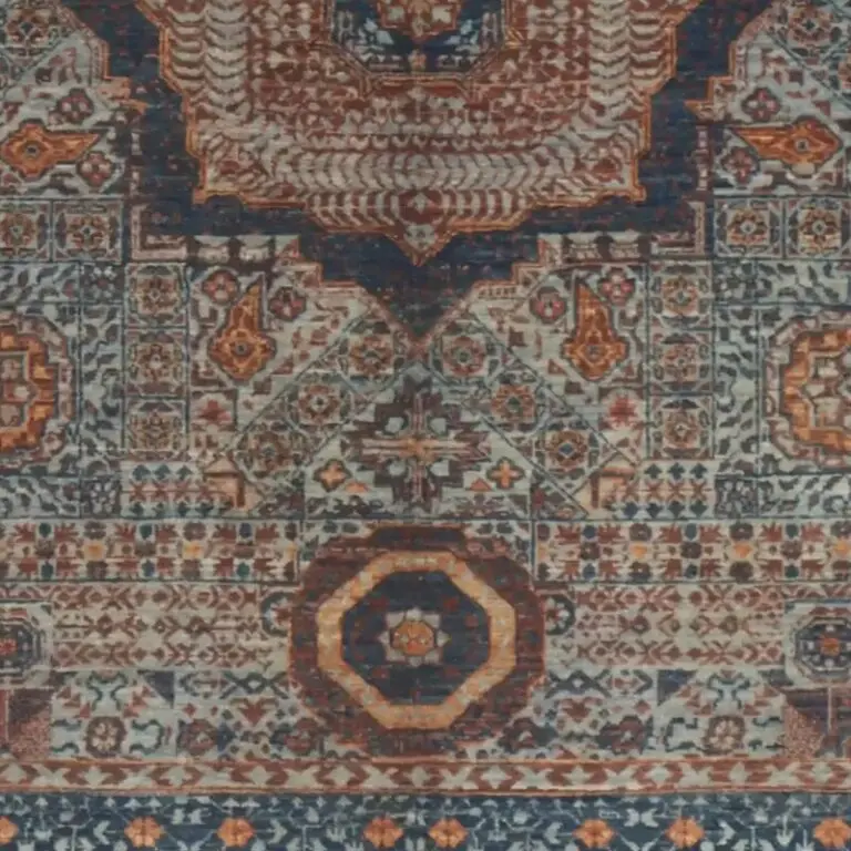 Blue Mamluk Double hand Knotted Rug Fine NZ Wool Veg Dye Afghan (196 x 153)cm, blue mamluk rug, close-up detail 3