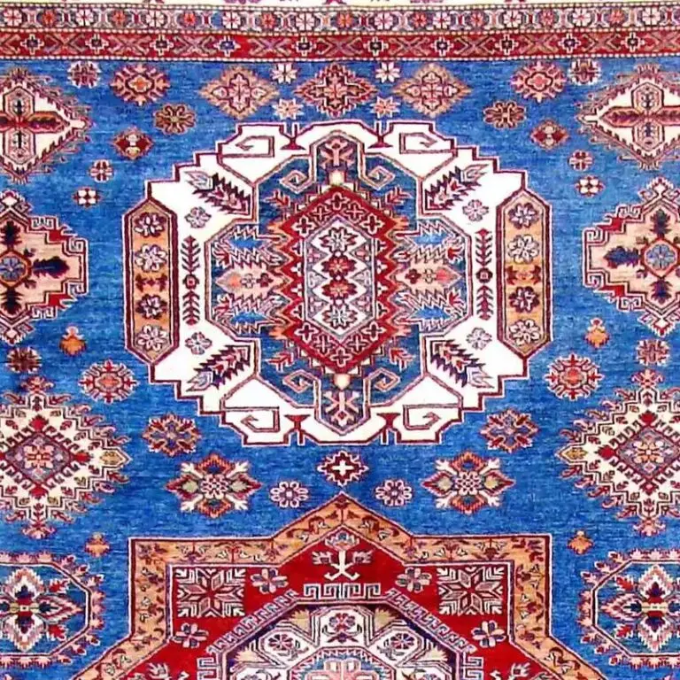Super Kazak Rug - 357 x 267, blue medallion kazak rug, close-up detail 1