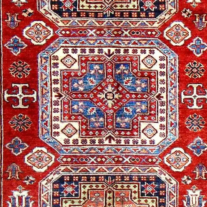 Super Kazak Rug - 207 x 144, blue medallion kazak rug, close-up detail 2