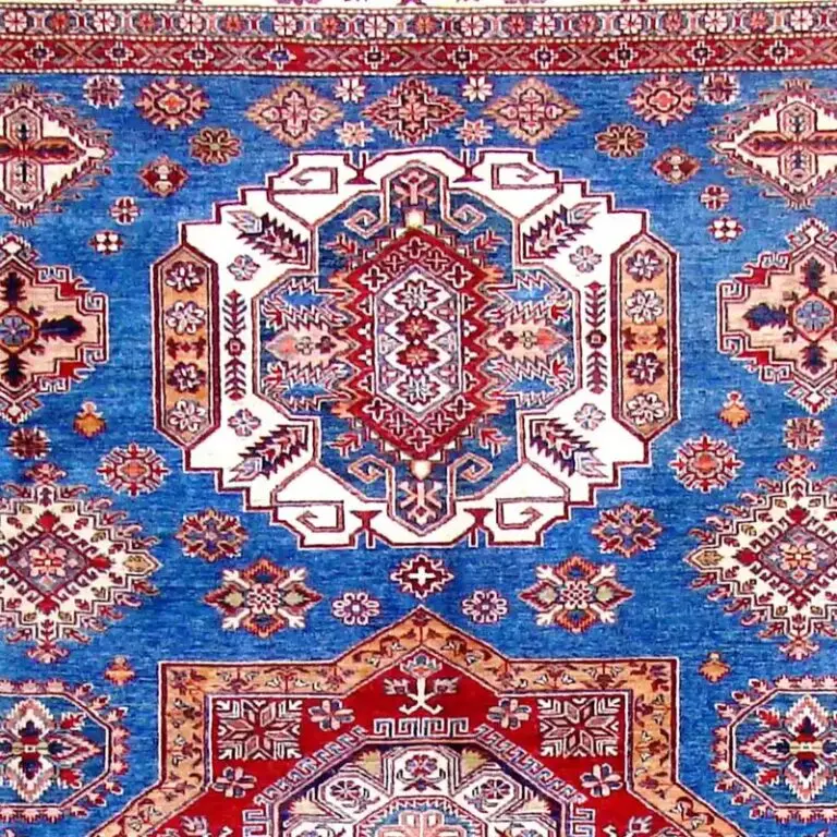 3 Medallion Blue Super Fine Shirvan Rug, Double Hand Knotted, NZ Handspun Wool, Veg Dye Afghan(357 x 267)cm, blue medallion shirvan rug, close-up detail 1