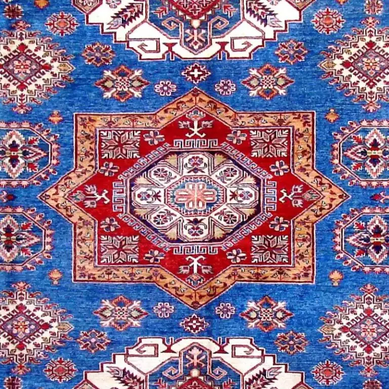 3 Medallion Blue Super Fine Shirvan Rug, Double Hand Knotted, NZ Handspun Wool, Veg Dye Afghan(357 x 267)cm, blue medallion shirvan rug, close-up detail 2