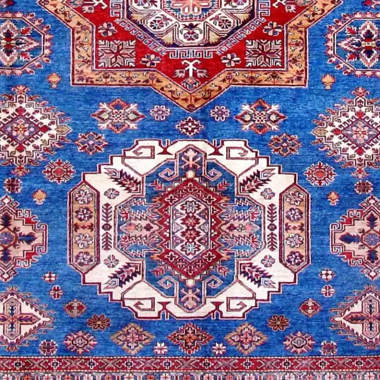 3 Medallion Blue Super Fine Shirvan Rug, Double Hand Knotted, NZ Handspun Wool, Veg Dye Afghan(357 x 267)cm, blue medallion shirvan rug, close-up detail 3