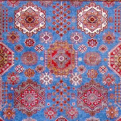 Super Kazak Rug - 365 x 268, blue red sarasar kazak rug, close-up detail 1