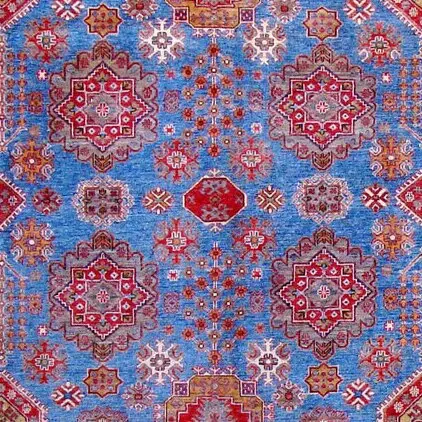 Blue, Red Super Kazak Fine Handspun NZ Wool Rug Veg Dye (365 x 268)cm, blue super kazak rug, close-up detail 2