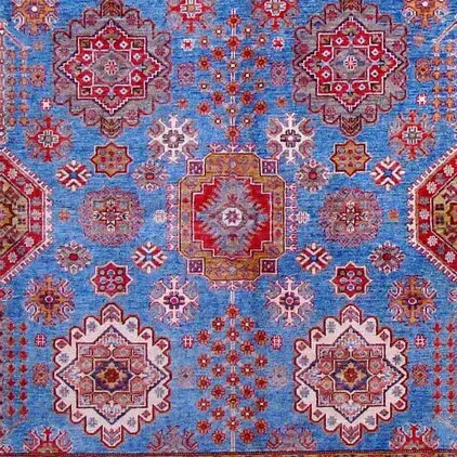 Blue, Red Super Kazak Fine Handspun NZ Wool Rug Veg Dye (365 x 268)cm, blue super kazak rug, close-up detail 3
