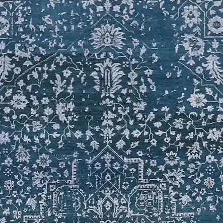 Blue Transitional Designer Rug, Hand Knotted, NZ Wool, Veg Dye, Agra India (420 x 300)cm, blue transitional indian rug, close-up detail 1