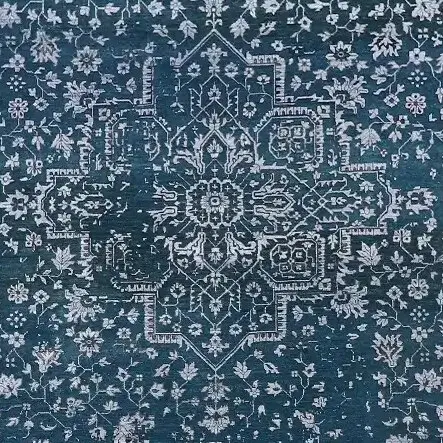 Blue Transitional Designer Rug, Hand Knotted, NZ Wool, Veg Dye, Agra India (420 x 300)cm, blue transitional indian rug, close-up detail 2