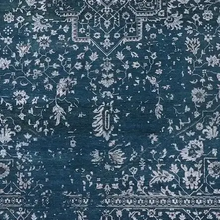 Blue Transitional Designer Rug, Hand Knotted, NZ Wool, Veg Dye, Agra India (420 x 300)cm, blue transitional indian rug, close-up detail 3
