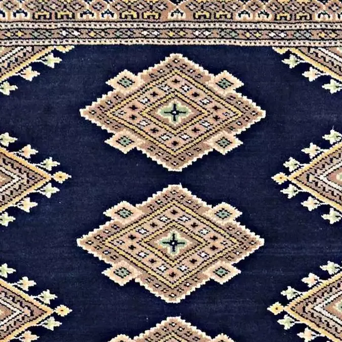 Kashmiri Rug - 115 x 76, blue tribal kashmiri rug, close-up detail 1