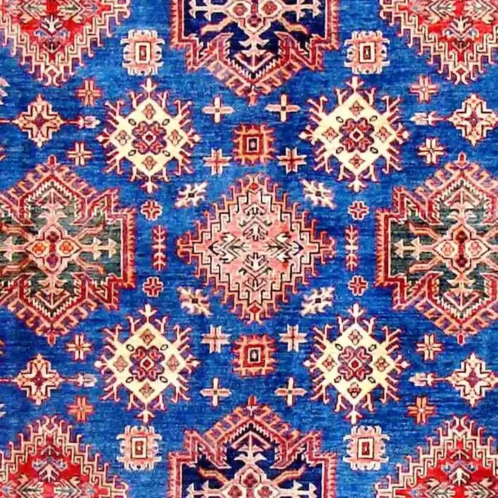 Super Kazak Rug - 302 x 201, blue white border kazak rug, close-up detail 2