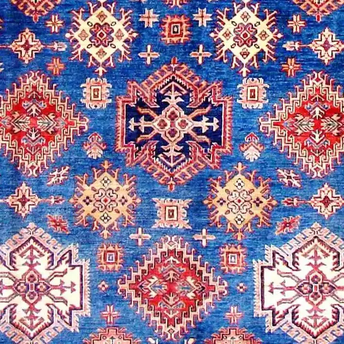 Super Kazak Rug - 302 x 201, blue white border kazak rug, close-up detail 3