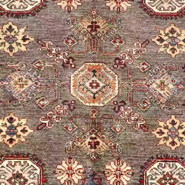 Super Kazak Rug 248 x 167, brown medallion kazak rug, close-up detail 2