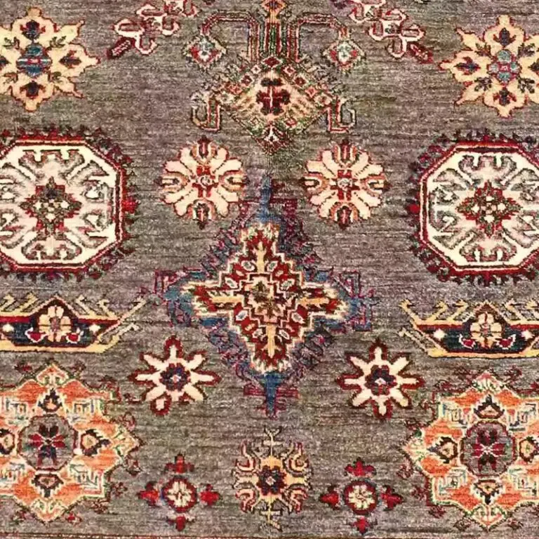 Super Kazak Rug 248 x 167, brown medallion kazak rug, close-up detail 3