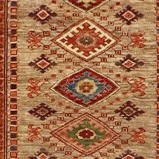 Camel Super Kazak Runner, Double hand Knotted Fine Lamb Wool, Veg Dye, Afghan (394 x 104)cm, camel super kazak runner, close-up detail 1