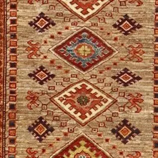 Camel Super Kazak Runner, Double hand Knotted Fine Lamb Wool, Veg Dye, Afghan (394 x 104)cm, camel super kazak runner, close-up detail 2