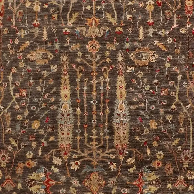 Cedar Brown Pine Tree Designer Rug Rug, Double hand Knotted, Fine Handspun NZ Wool, Veg Dye, Afghan(413 x 303)cm, cedar brown pine tree rug, close-up detail 2
