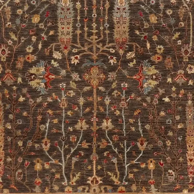 Cedar Brown Pine Tree Designer Rug Rug, Double hand Knotted, Fine Handspun NZ Wool, Veg Dye, Afghan(413 x 303)cm, cedar brown pine tree rug, close-up detail 3