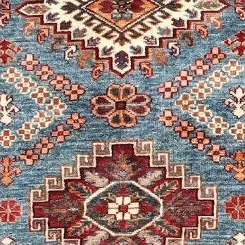 Cerulean Blue Super Fine Shirvan Runner NZ Handspun Wool, Double Hand Knotted, Veg Dye, Afghan (280 x 82)cm, cerulean blue shirvan runner, close-up detail 1
