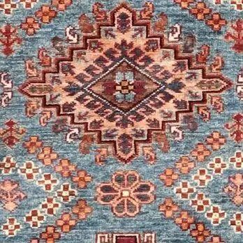 Cerulean Blue Super Fine Shirvan Runner NZ Handspun Wool, Double Hand Knotted, Veg Dye, Afghan (280 x 82)cm, cerulean blue shirvan runner, close-up detail 2