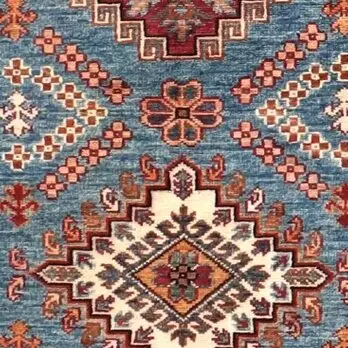 Cerulean Blue Super Fine Shirvan Runner NZ Handspun Wool, Double Hand Knotted, Veg Dye, Afghan (280 x 82)cm, cerulean blue shirvan runner, close-up detail 3