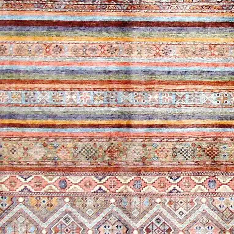 Colourful Khorjin Designer Rug, Double Hand Knotted, Fine NZ Wool Veg Dye Afghan(291 x 205)cm, colourful khorjin rug, close-up detail 3