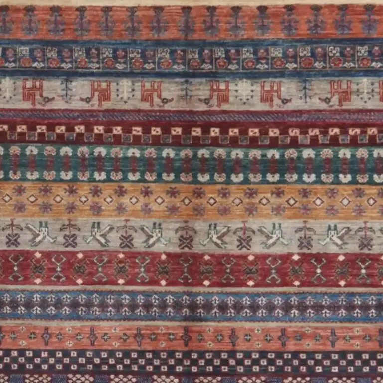 Multi Colour Pictorial Gabbeh Designer Rug Double Hand Knotted Fine NZ Wool Veg Dye Afghan(296 x 202), colourful nz wool gabbeh rug, close-up detail 1