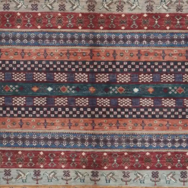 Multi Colour Pictorial Gabbeh Designer Rug Double Hand Knotted Fine NZ Wool Veg Dye Afghan(296 x 202), colourful nz wool gabbeh rug, close-up detail 2