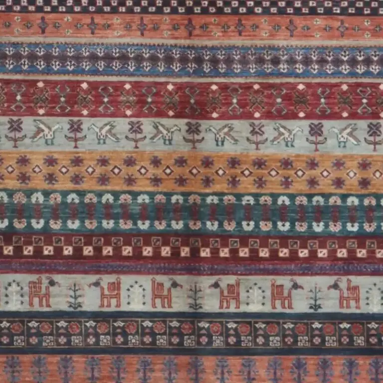Multi Colour Pictorial Gabbeh Designer Rug Double Hand Knotted Fine NZ Wool Veg Dye Afghan(296 x 202), colourful nz wool gabbeh rug, close-up detail 3