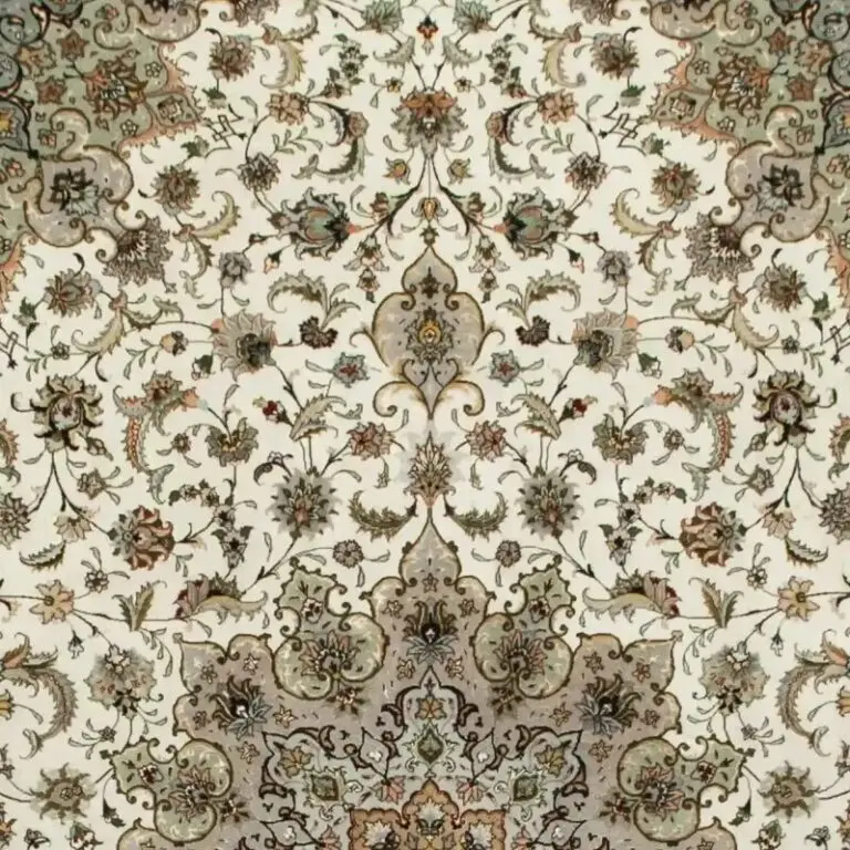 Floral Tabriz Super fine Double Hand Knotted neck Part Lamb wool & Silk Rug Veg Dye Iran (350 x 250)cm, cream floral tabriz rug, close-up detail 1