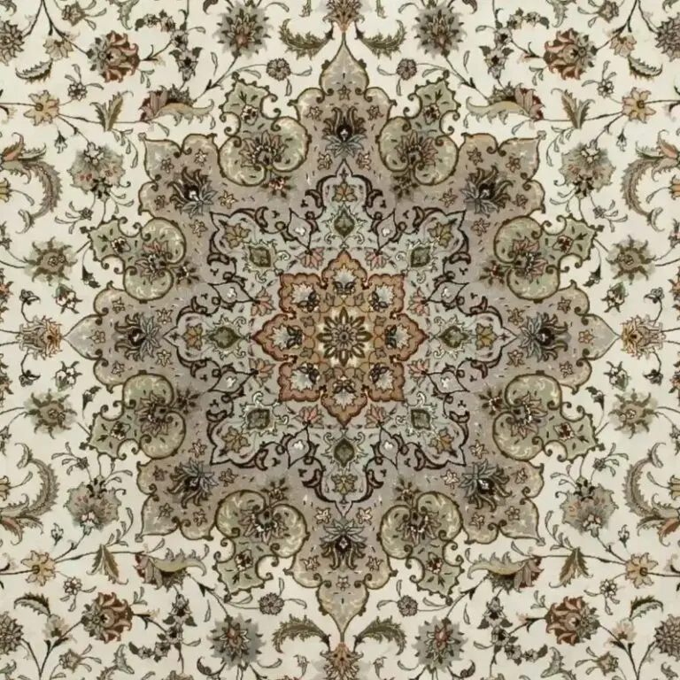 Floral Tabriz Super fine Double Hand Knotted neck Part Lamb wool & Silk Rug Veg Dye Iran (350 x 250)cm, cream floral tabriz rug, close-up detail 2