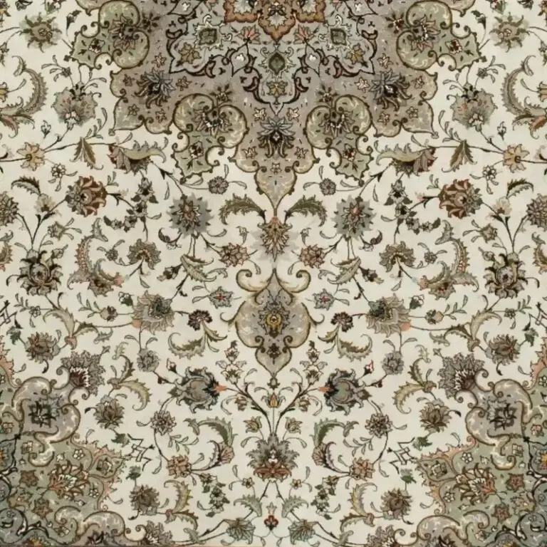 Floral Tabriz Super fine Double Hand Knotted neck Part Lamb wool & Silk Rug Veg Dye Iran (350 x 250)cm, cream floral tabriz rug, close-up detail 3
