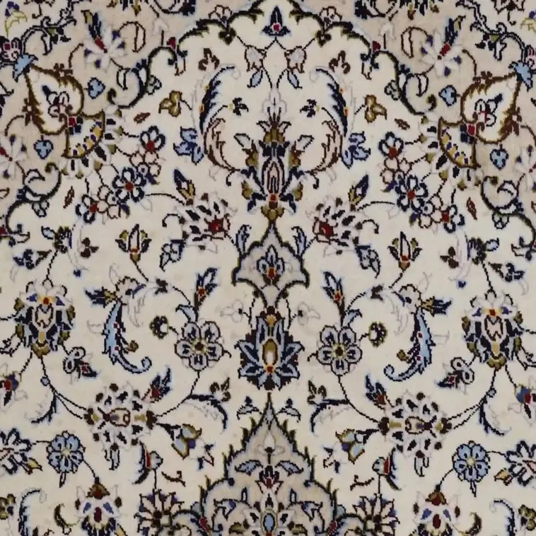 Cream Kashan Lamb Handspun Wool Rug, Double hand Knotted, Veg Dye, Iran (292 x 202)cm, cream kashan rug, close-up detail 1