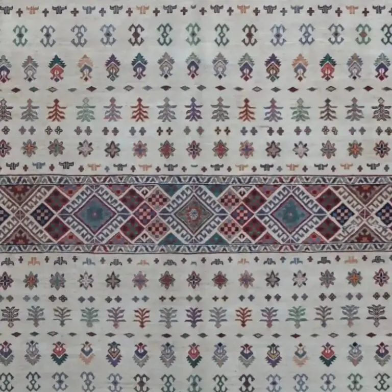 Cream Khorjin Designer Rug, Double hand knotted, NZ Wool, Veg Dye, Afghan (407 x 300), cream khorjin rug, close-up detail 2