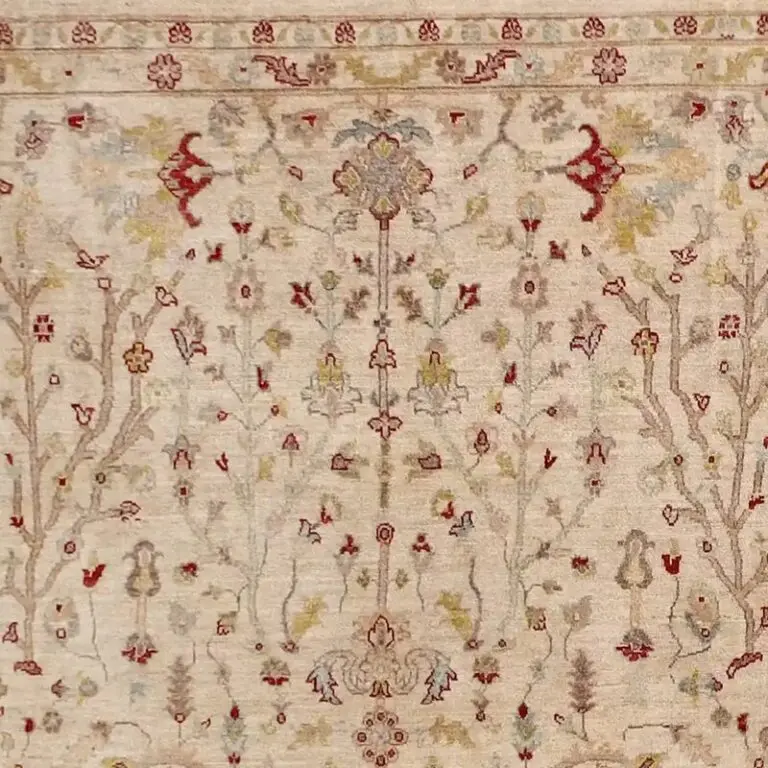 Pine Tree Designer Rug Double hand Knotted Veg Dye Afghan(296 x 244), cream pine tree design rug, close-up detail 1