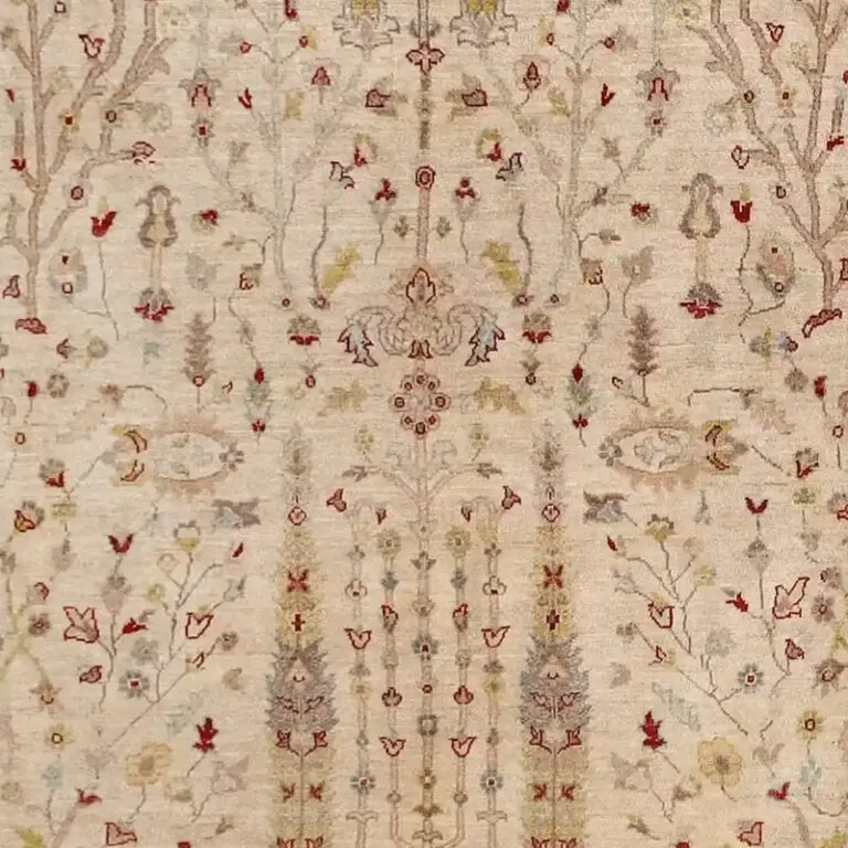 Pine Tree Designer Rug Double hand Knotted Veg Dye Afghan(296 x 244), cream pine tree design rug, close-up detail 2