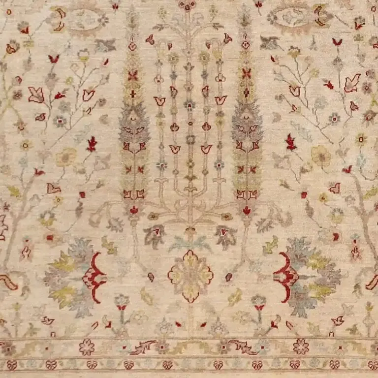 Pine Tree Designer Rug Double hand Knotted Veg Dye Afghan(296 x 244), cream pine tree design rug, close-up detail 3
