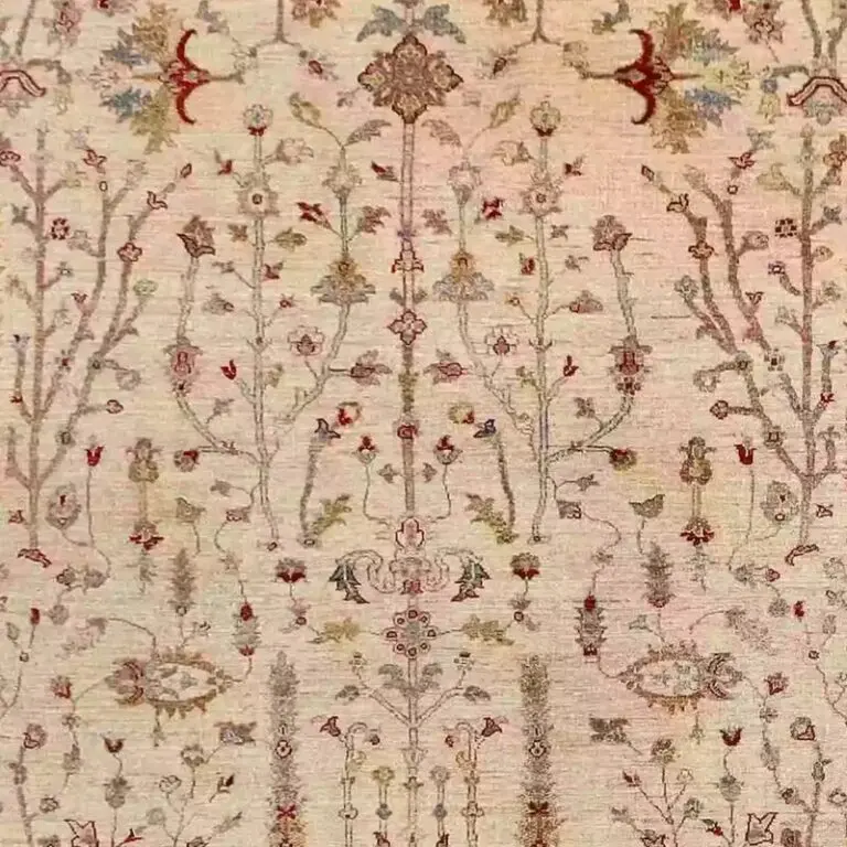 Sarv Suzani Rug - 361 x 270, cream sarv suzani rug, close-up detail 1