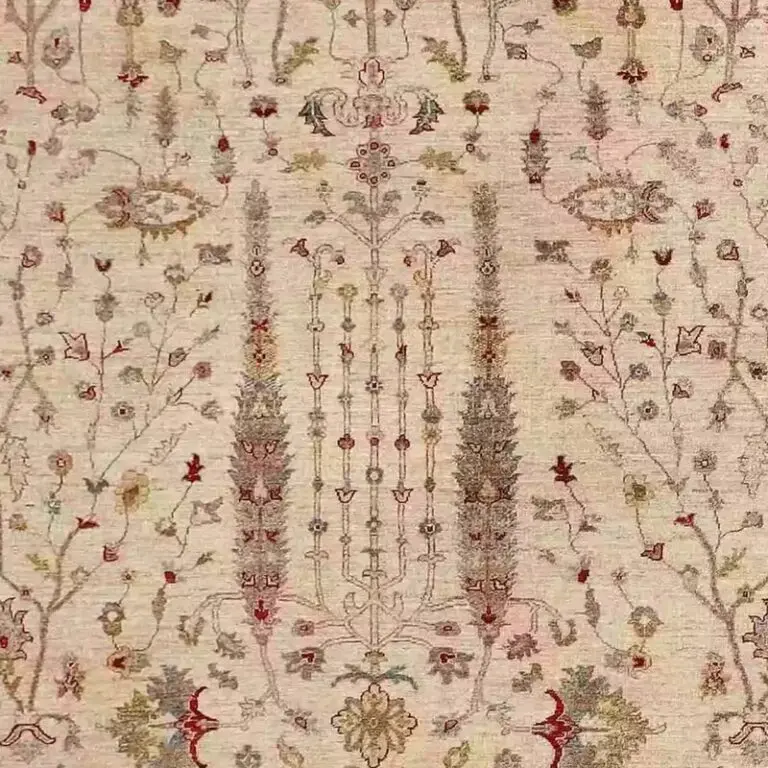 Sarv Suzani Rug - 361 x 270, cream sarv suzani rug, close-up detail 2
