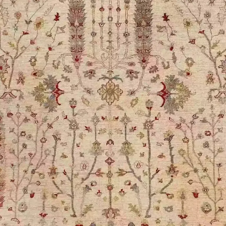 Sarv Suzani Rug - 361 x 270, cream sarv suzani rug, close-up detail 3