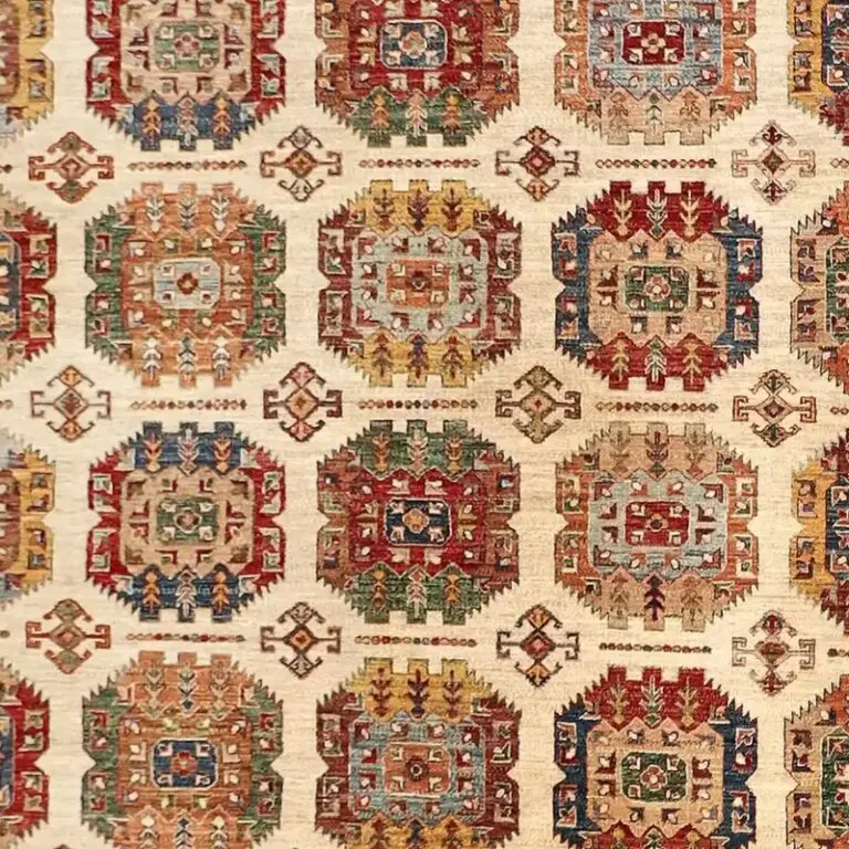 Cream Multi Octate Vaziri Rug, Double Hand Knotted, Fine NZ Handspun Wool, Veg Dye, Afghan (419 x 295)cm, cream vaziri afghan rug, close-up detail 2