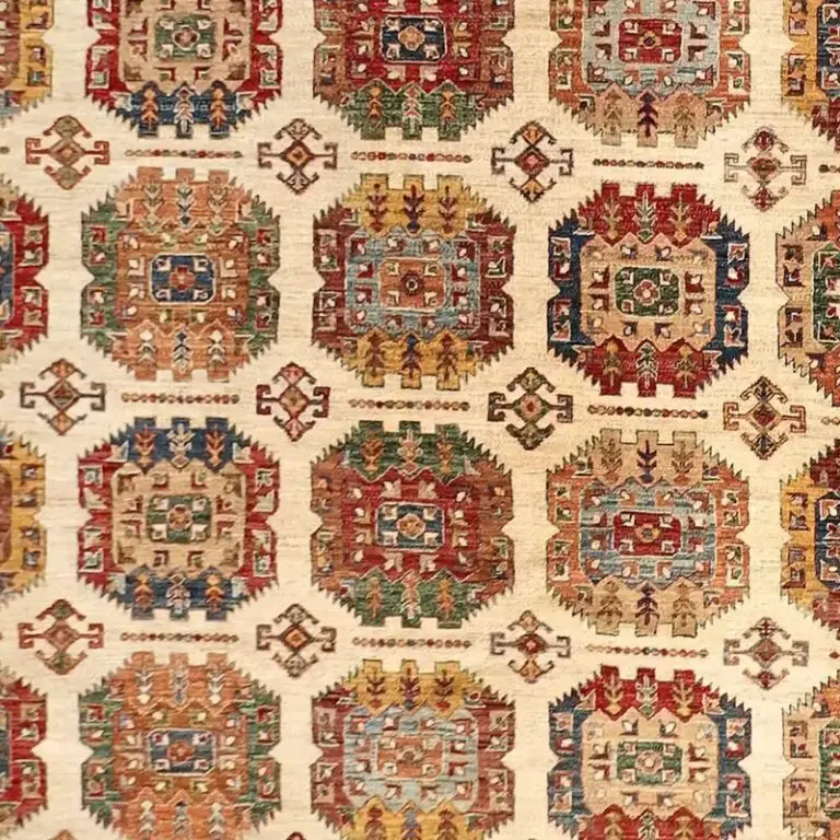 Cream Multi Octate Vaziri Rug, Double Hand Knotted, Fine NZ Handspun Wool, Veg Dye, Afghan (419 x 295)cm, cream vaziri afghan rug, close-up detail 3