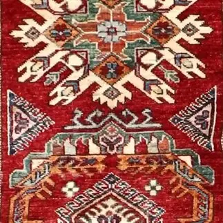 Deep Red Super Fine Shirvan Runner, Double Hand Knotted, NZ Handspun Wool, Veg Dye, Afghan(305 x 86)cm, deep red shirvan runner, close-up detail 1
