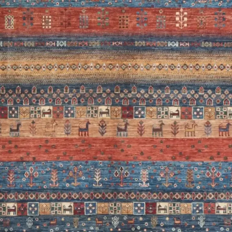 Denim Blue Pictorial Gabbeh Designer Rug Double Hand Knotted Fine Lamb Wool Veg Dye Afghan(304 x 244)cm, denim blue gabbeh rug, close-up detail 2