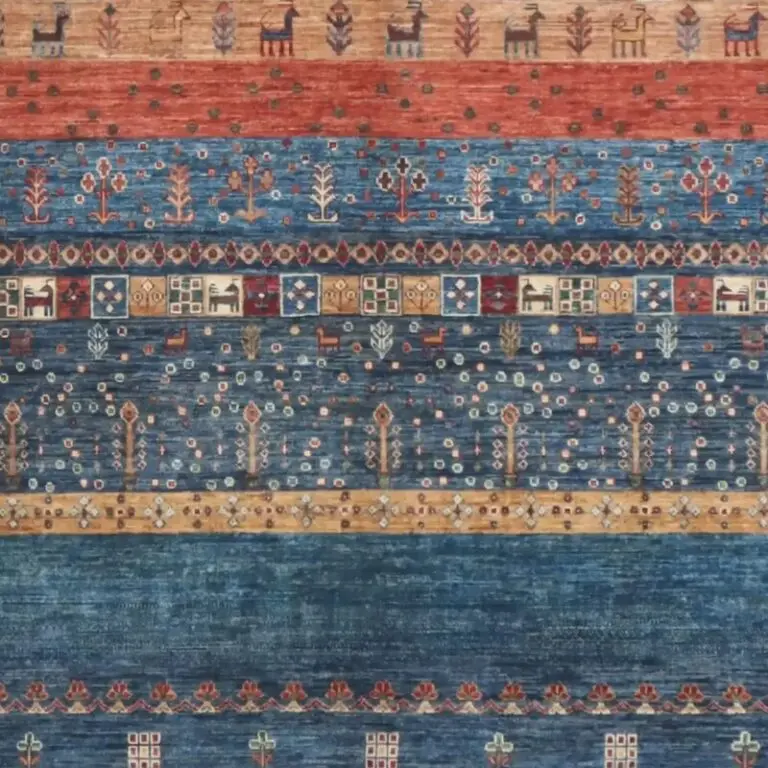 Denim Blue Pictorial Gabbeh Designer Rug Double Hand Knotted Fine Lamb Wool Veg Dye Afghan(304 x 244)cm, denim blue gabbeh rug, close-up detail 3