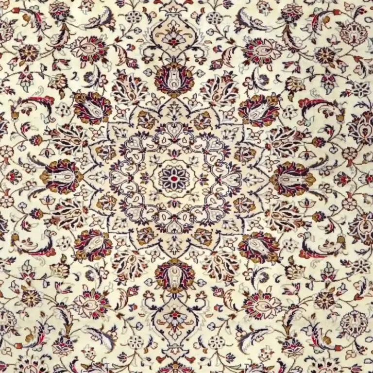 Floral Cream Handspun Lamb Wool Kashan Rug, Double Hand Knotted, Veg Dye, Iran (355 x 238)cm, floral cream kashan rug, close-up detail 2