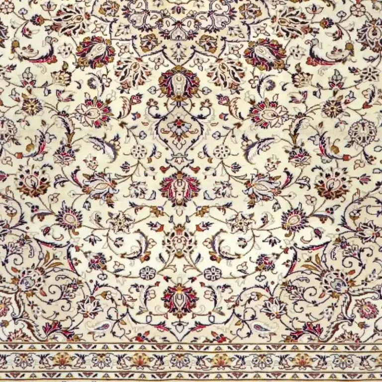 Floral Cream Handspun Lamb Wool Kashan Rug, Double Hand Knotted, Veg Dye, Iran (355 x 238)cm, floral cream kashan rug, close-up detail 3