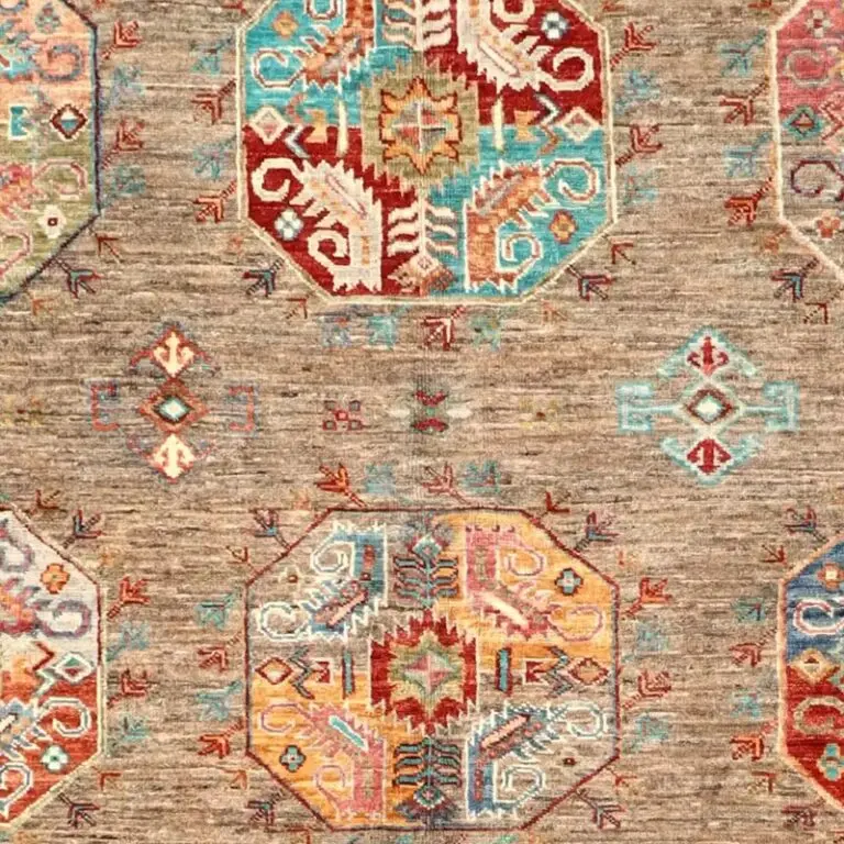 Allover Designer Waziri Rug, Double Hand Knotted, NZ Handspun Wool, Veg Dye, Afghan(199 x 155)cm, green allover waziri rug, close-up detail 1