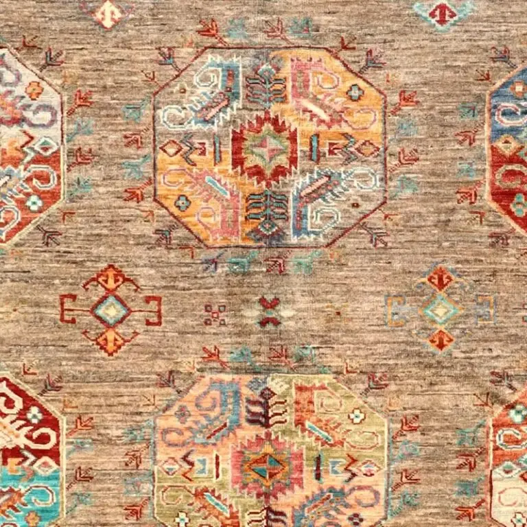 Allover Designer Waziri Rug, Double Hand Knotted, NZ Handspun Wool, Veg Dye, Afghan(199 x 155)cm, green allover waziri rug, close-up detail 2